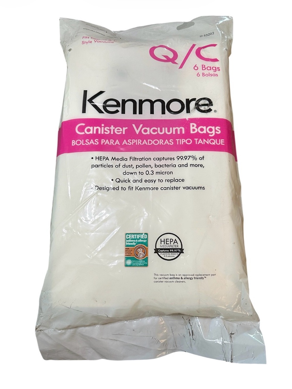 NIB Kenmore Canister Vacuum Bags 20-53292, Styles Q ir C, 6 Pack for 50557 50558